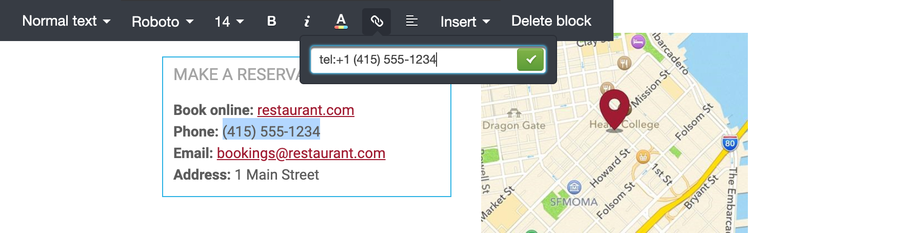 Adding a telephone link to a text block in the email builder