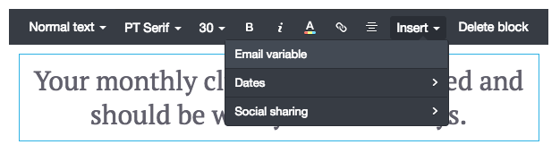 A text block with an email variable placeholder