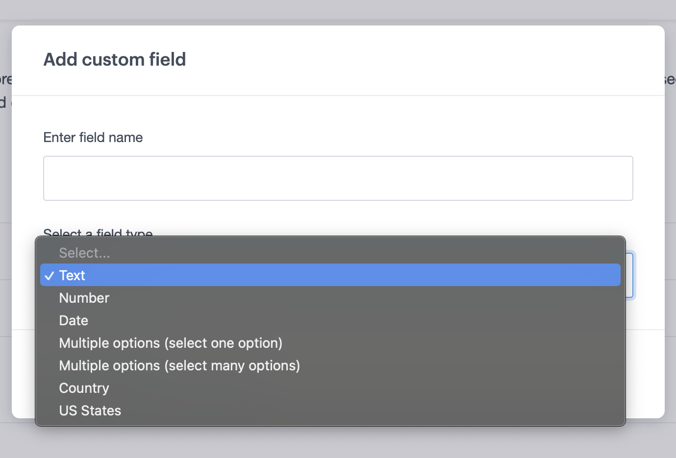 Selecting the data type for a new custom field