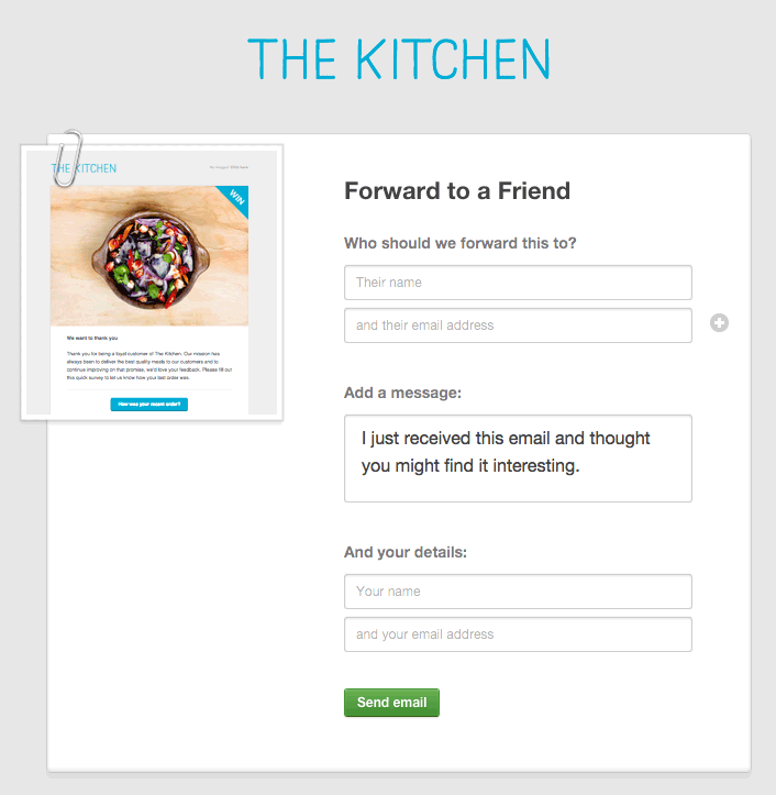 A "forward to a friend" page, with fields for entering the name and email address of the person you want to forward the email to, along with a personal message