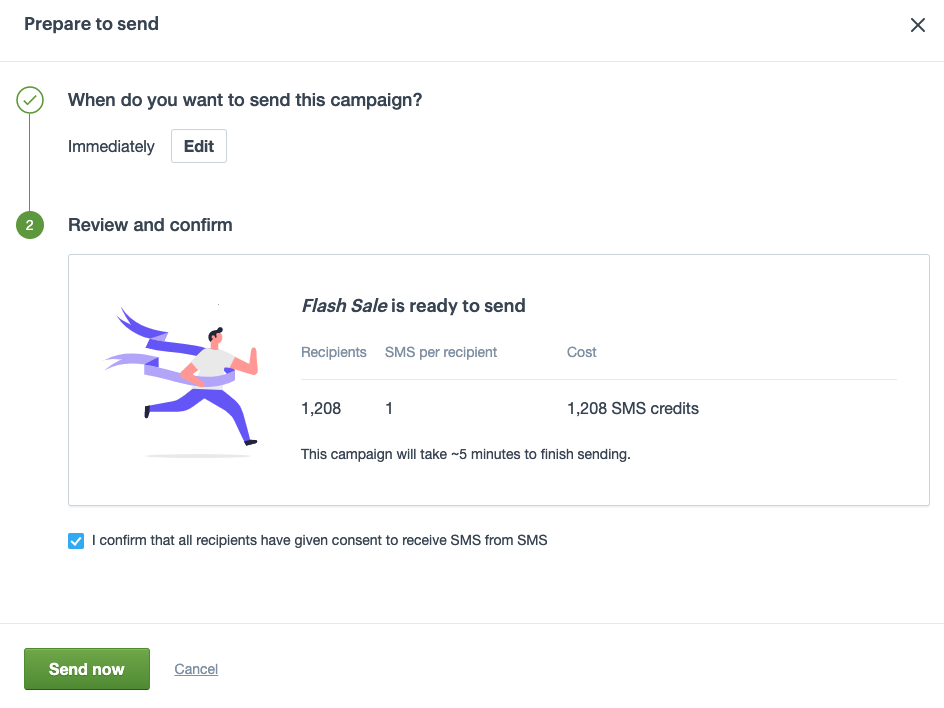 Final SMS preview showing recipients, cost and SMS per recipient