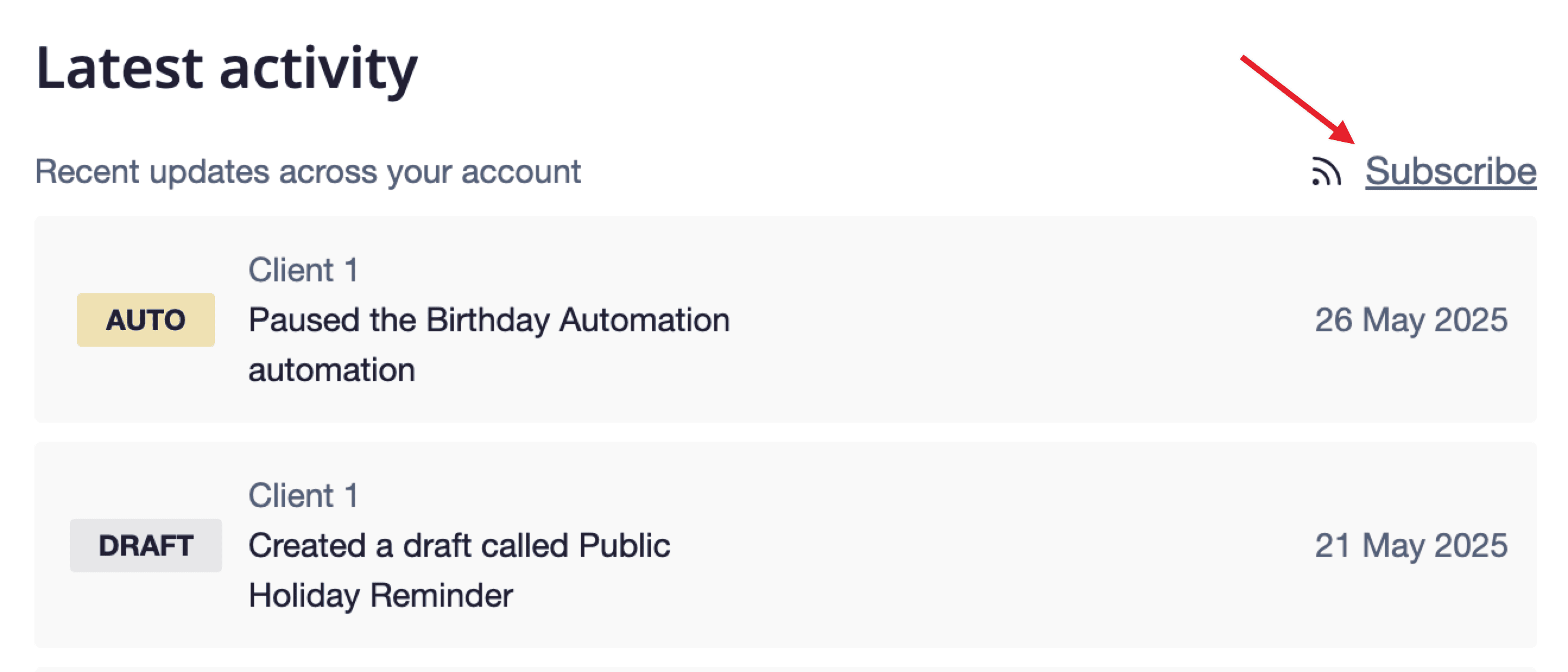 Latest activity widget showing recent account activity, an arrow points to the RSS subscribe button in the top right.