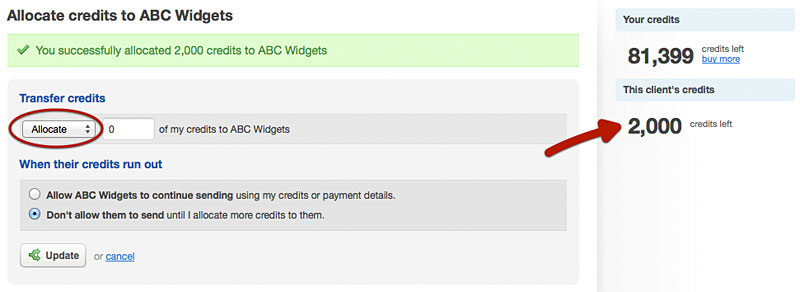 The allocate credits page, which shows credit balance, and gives a choice as to what to do when email credits run out