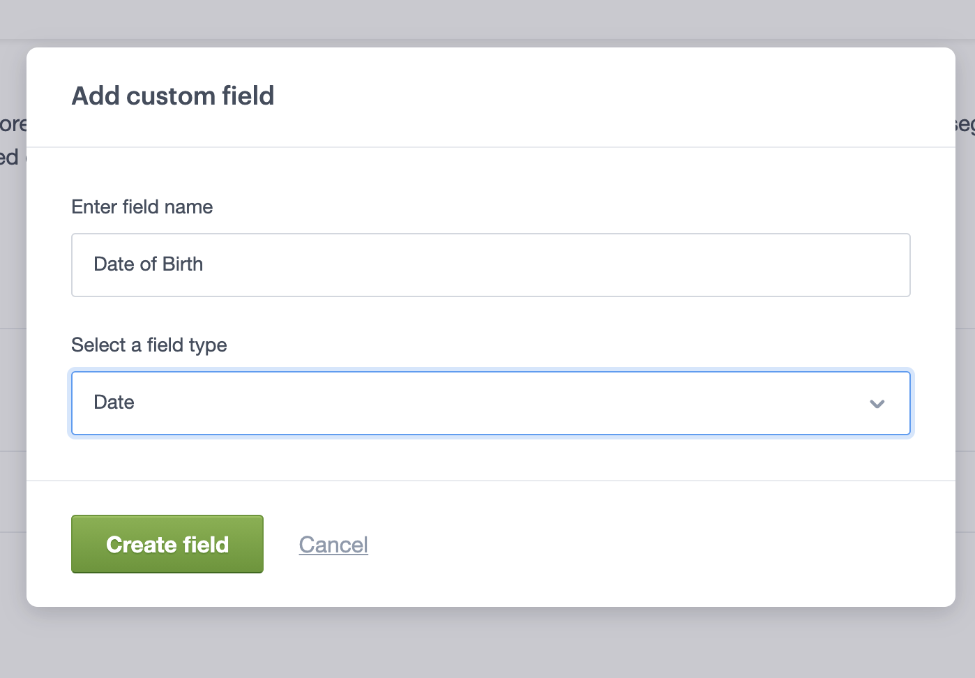 Selecting the data type for a new custom field