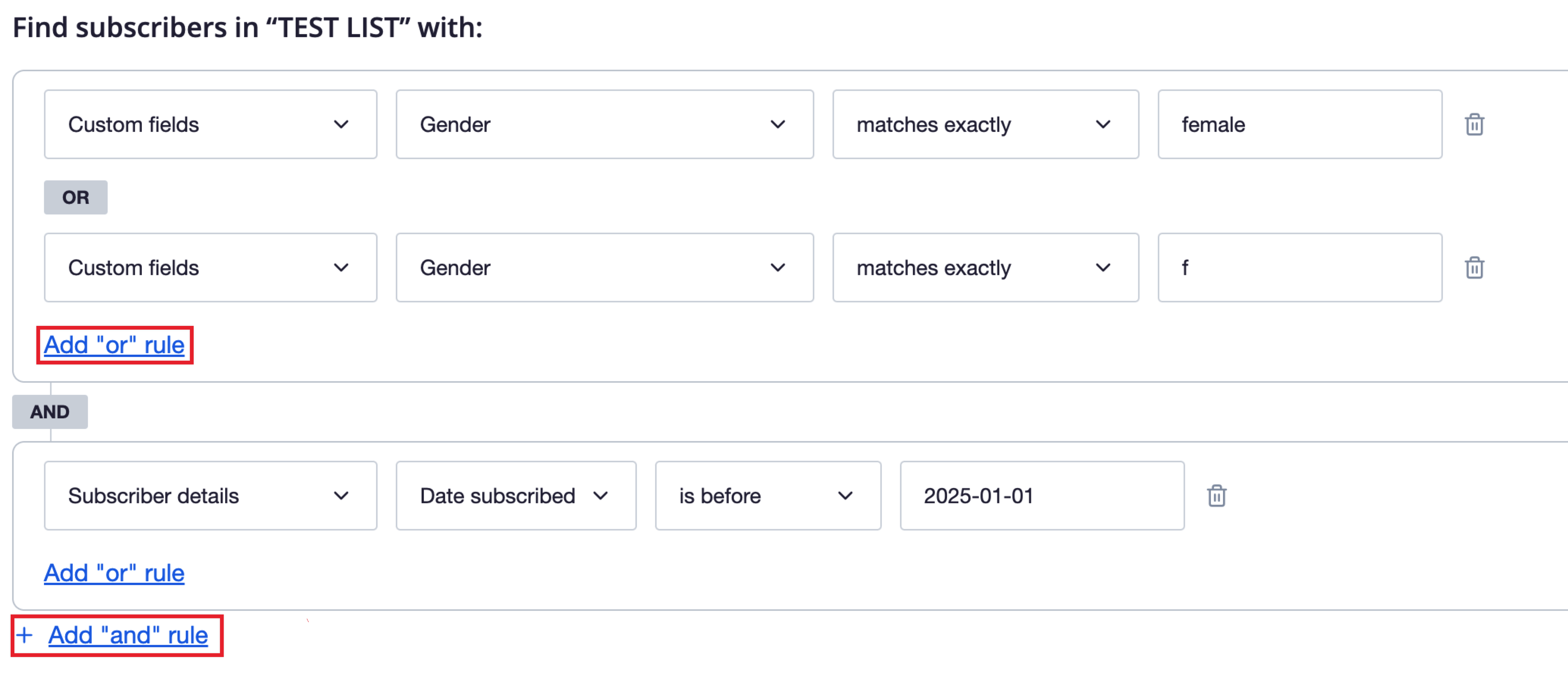 New segment interface with ‘Add “or” rule’, and ‘Add “and” rule’ highlighted.