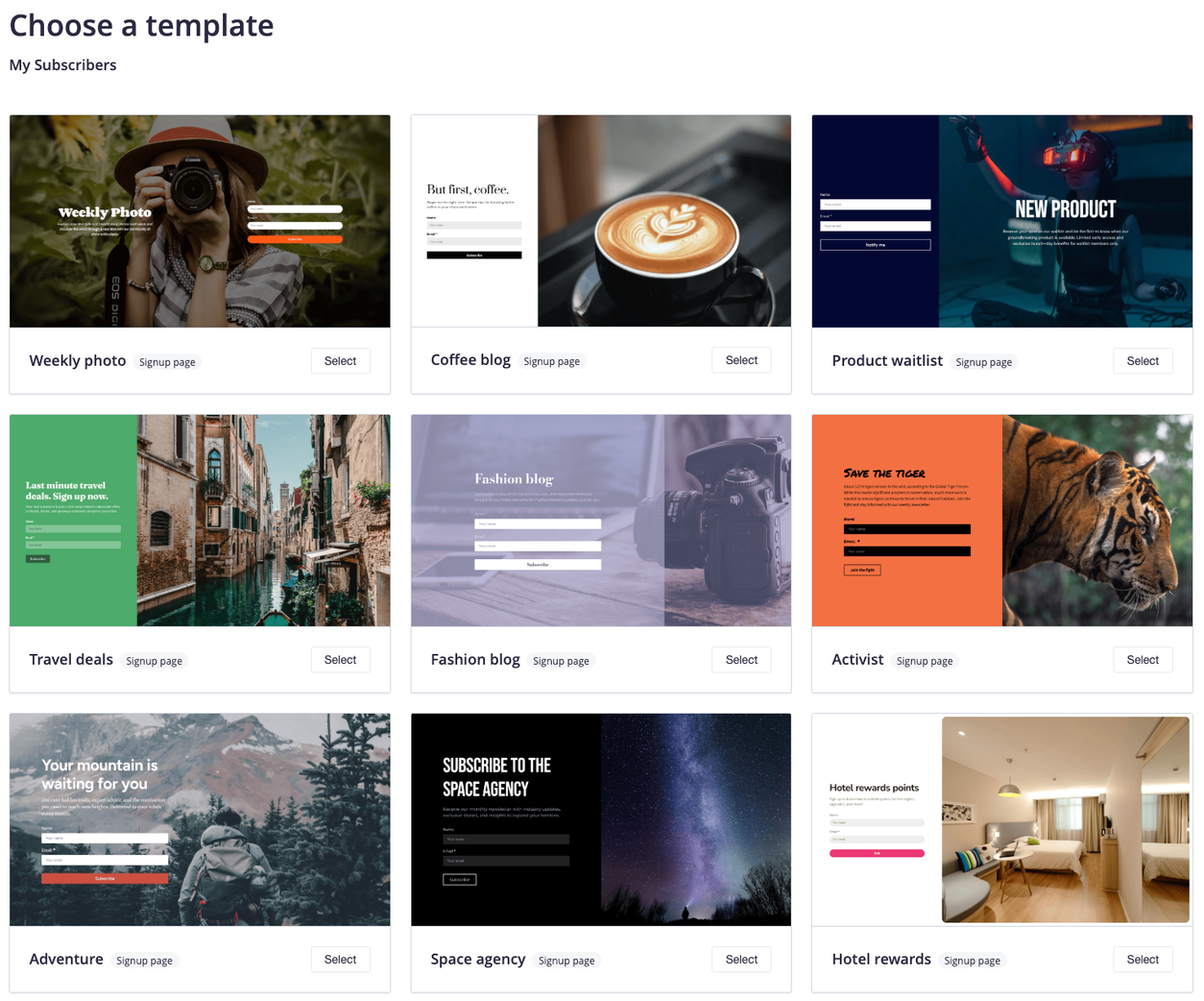 signup page templates in the template gallery