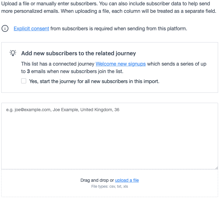 example of add new subscribers to journey functionality above an import