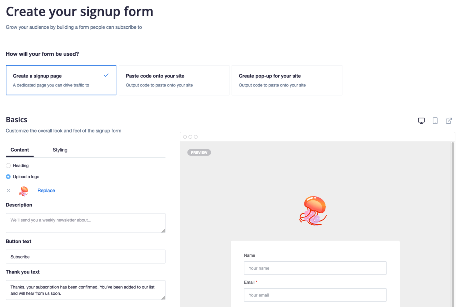 preview of the new sign up form creator