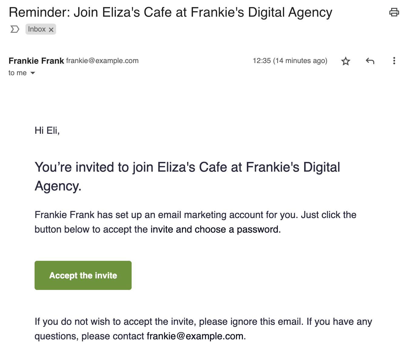 example of an account invitation reminder email