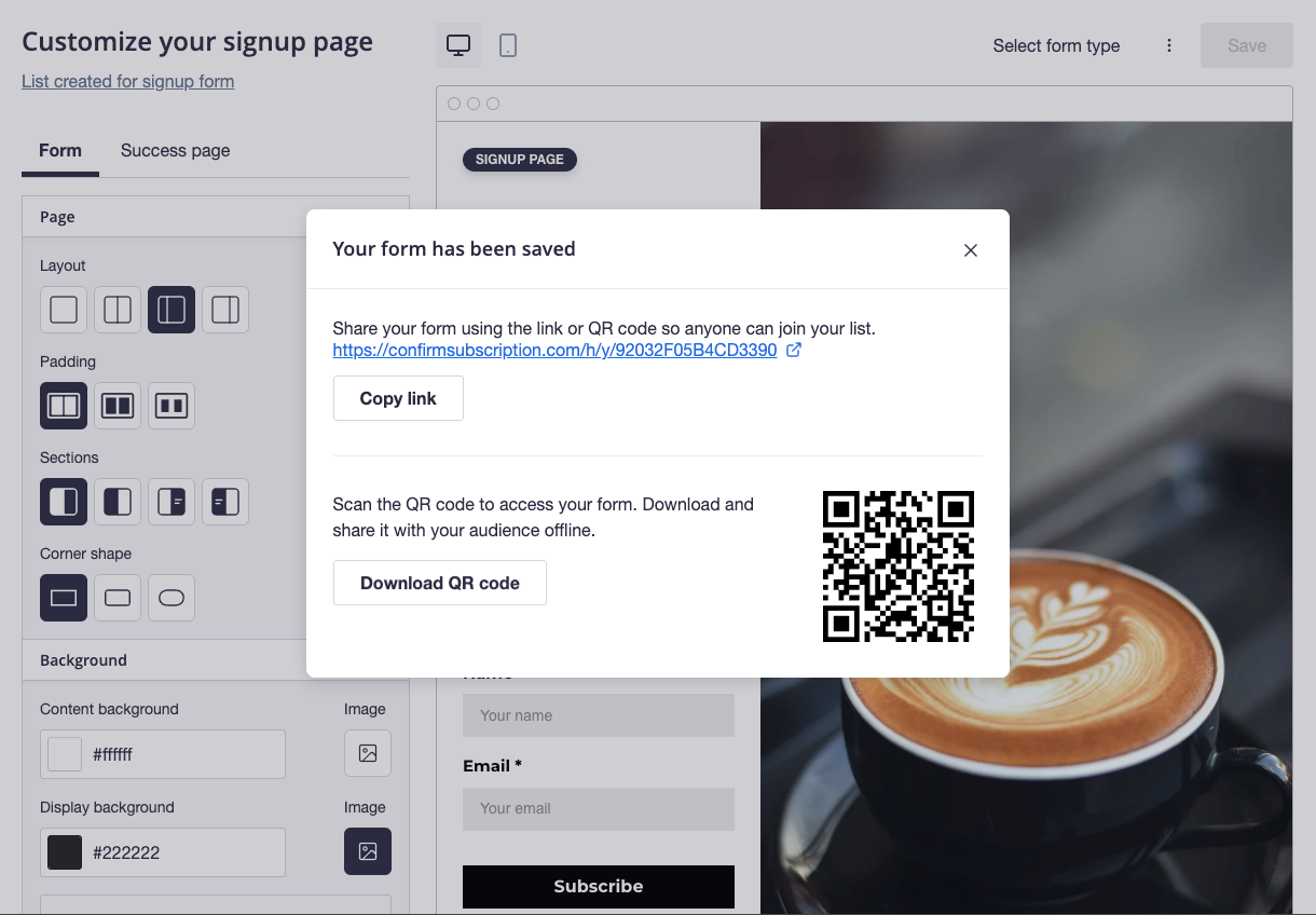 QR code generator displaying a QR code for the signup form